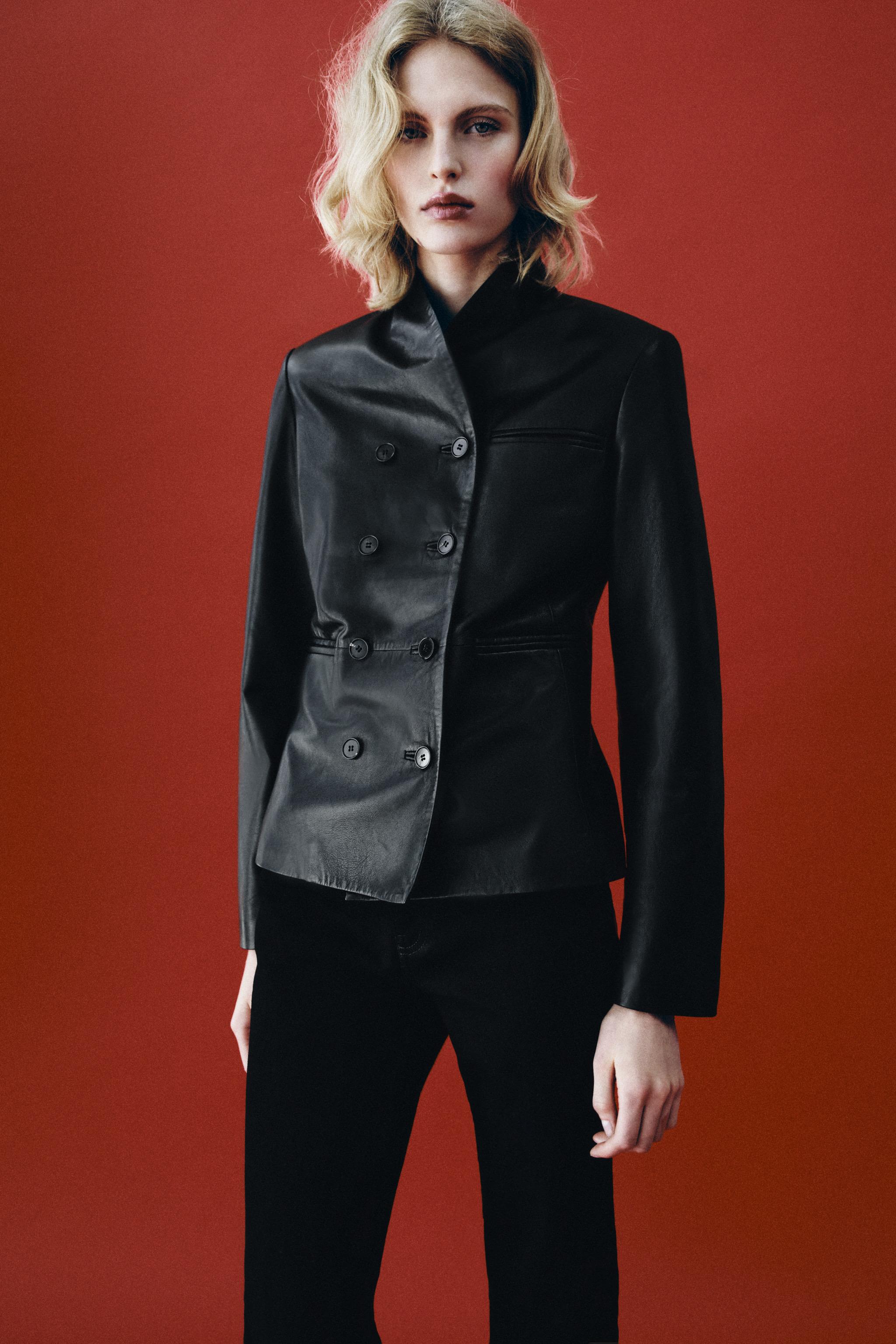 ZW COLLECTION 100% LEATHER DOUBLE-BREASTED BLAZER